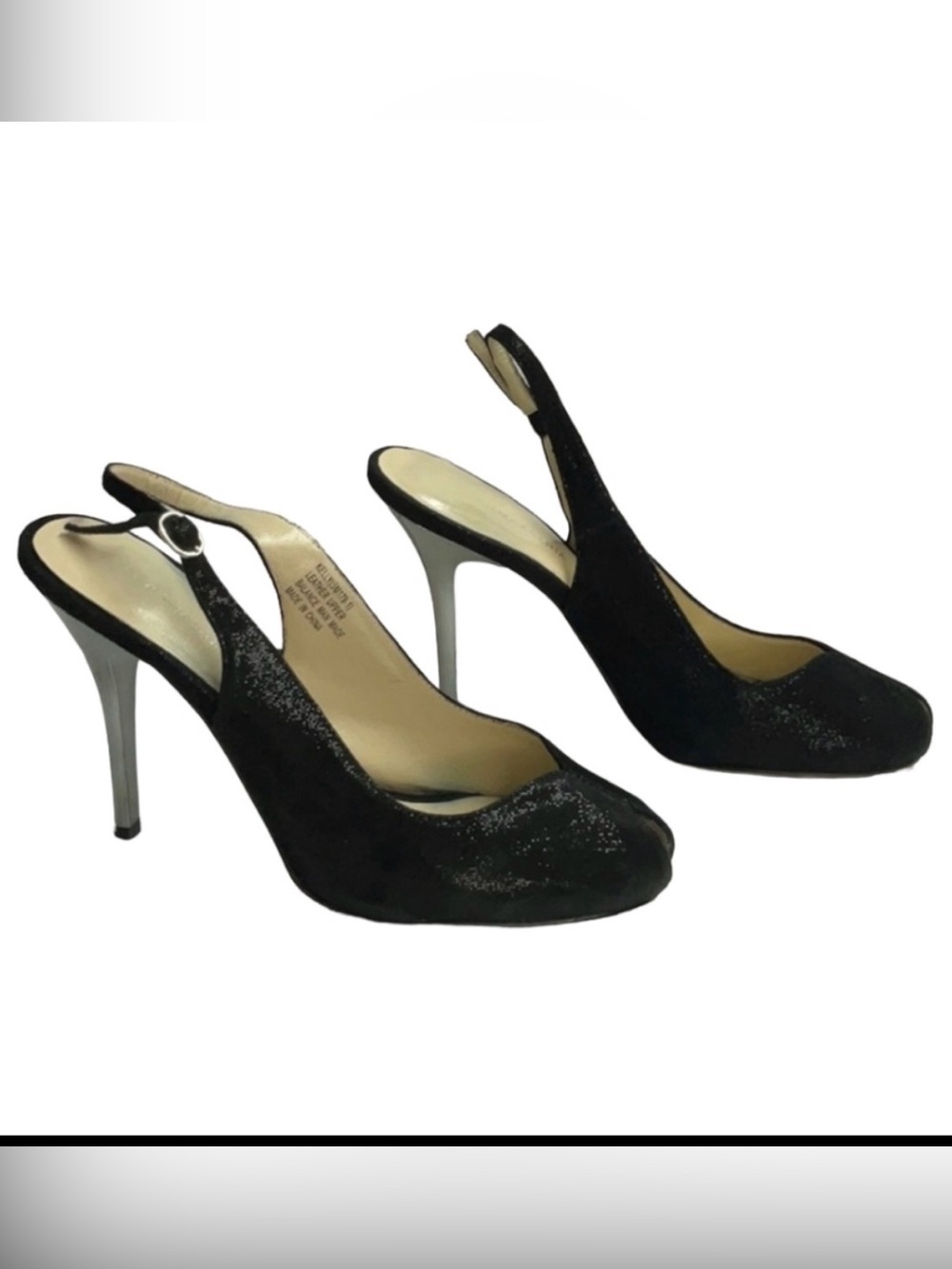 BCBGMAXAZRIA Kelly Black Metallic heel Peep Toe Heels Size 7 Feminine Timeless